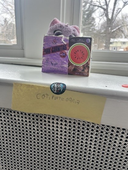 Who would have guessed a used carnitas box could be a cozy home for a 3 year old purple cat? 