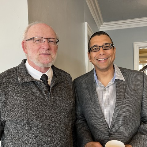 Board member Renu Bora and staff member Bill Brien smile at the Coterie Celebration.