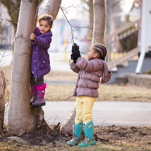 Two Children Playing Outside Next To A Tree